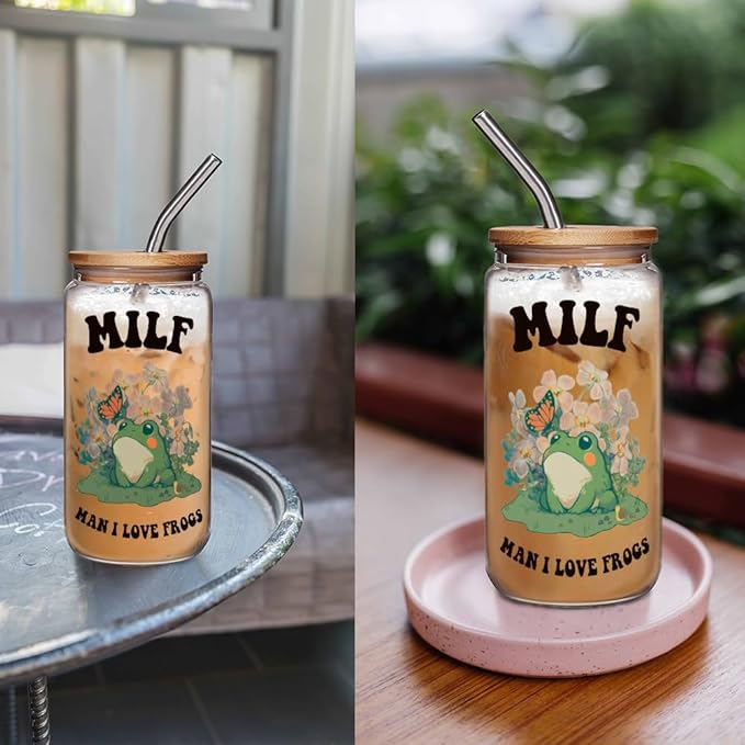 FALJIOK Funny Frog Gifts for Women Mom Wife Pregnant Friend, Girlfriend, Cute Frog Stuff 16 oz Coffee Glass Cups w/Lids Straws for Christmas Birthday