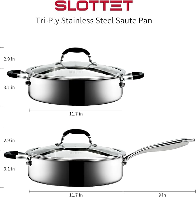 Tri-Ply Stainless Steel Saute Pan with Lid, 5 Quart Deep Sauté Pan with Stay Cool Handle,11.5 Inch Frying Pan,Dishwasher and Oven Safe,Induction Stainless Steel Cookware