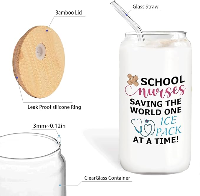 School Nurse Gifts Glass Cup Lids and Straws 14oz, Nurse Appreciation for Nursing Students Glass Iced Coffee Tumbler Drinking Jars with Cleaning Brush