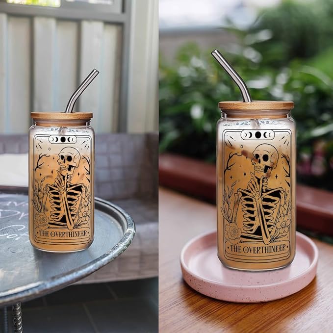 FALJIOK The Overthinker Tarot Card Glass Cup w/Lid Straw 16OZ, Gothic Goth Skull Gifts, Spooky Skeleton Glass Gift for Halloween, Witchy Gifts for Women Tarot Lovers