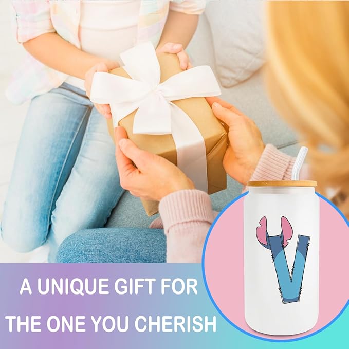 Cute Cartoon Lover Gifts Initial A-Z Personalized Iced Coffee Cup Cartoon Merch 16oz Glass Cup with Lid and Straws Birthday Christmas Gifts for Women Teen Girls Fans (Letter V)