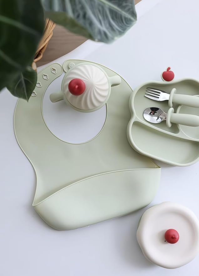 Silicone Baby Feeding Set, Gelato Collection Baby Led Weaning Supplies, First Self-Feeding Set with Suction Bowl & Plate, Sippy Cup & Bib, Fork & Spoon - Green