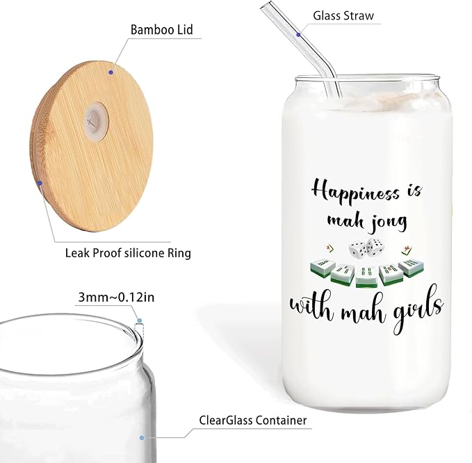 Mahjong Player Gifts Glass Cup with Lids and Straws 14oz, Mah Jong Gifts for Women, Mahjong Tiles Accessories Glass Iced Coffee Tumbler Drinking Jars with Cleaning Brush