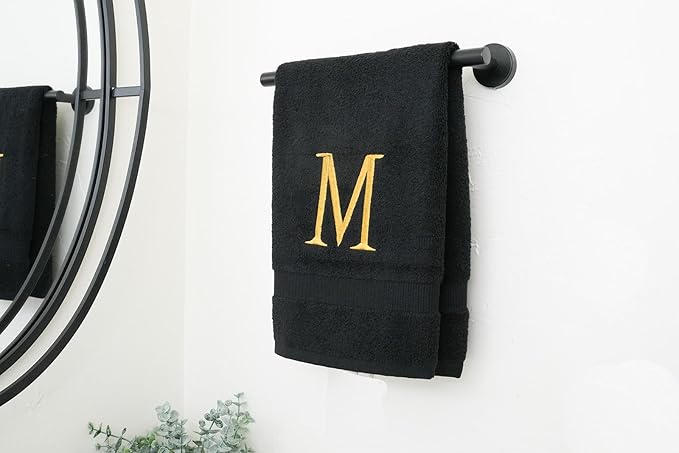 Black Initial Hand Towel for Bathroom - Monogrammed Luxury Hotel Quality Decorative Embroidered Towel for Powder Room, Spa - GOTS Organic -Certified - Pack of 2 - Letter M