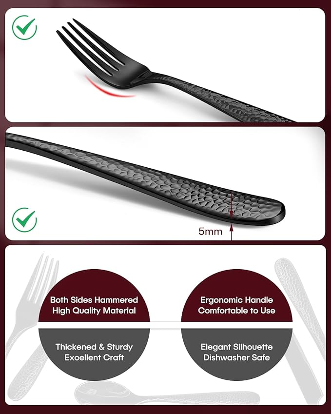 Hammered Black Silverware Set, EUIRIO 20-Piece Cutlery Set for 4, Heavy Duty Stainless Steel Flatware Set, Food-Grade Utensil Sets Includes Spoons Forks and Knives, Mirror Finish Dishwasher Safe