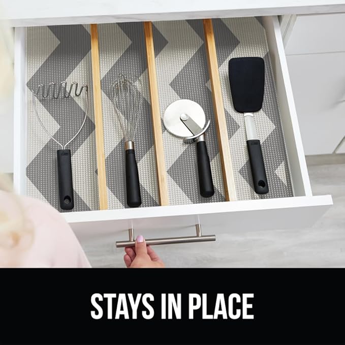 GORILLA GRIP powerGRIP Drawer Shelf and Cabinet Liner, Thick Strong Hold, Non-Adhesive Liners Protect Kitchen Cabinets and Cupboard, Bathroom Drawers, Easy Install, Breathable Mat, 12" x20', Chevron