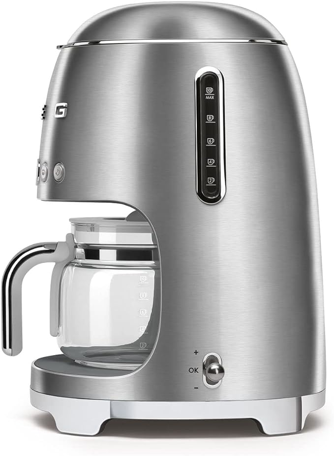 Smeg 50's Retro Style Aesthetic Drip Coffee Machine with 10 Cup Glass Carafe, Auto Start Feature, Keep Warm Plate, and Two Coffee Strength Settings (Brushed Stainless Steel)