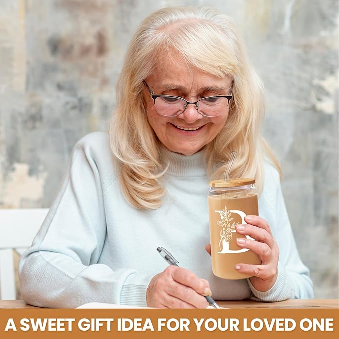 SANDJEST Monogrammed Gifts for Women - Monogram B Initial Glass Cup 16 Oz Can Coffee Cups with Lid and Straw - Monogram Initials Gifts for Womens on Birthday