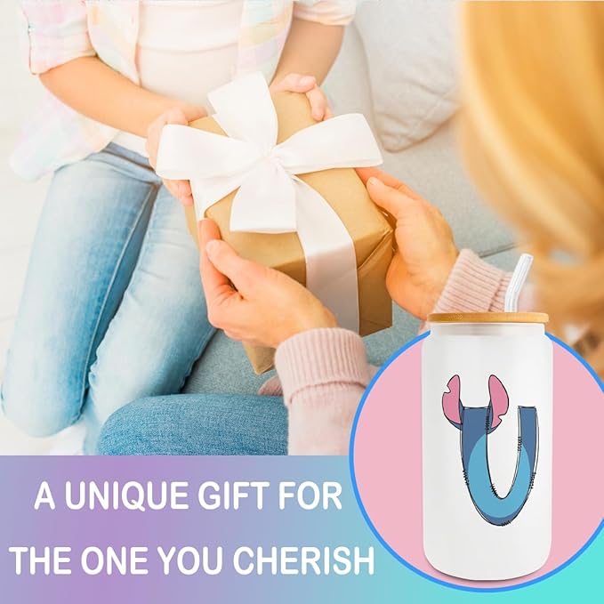 Cute Cartoon Lover Gifts Initial A-Z Personalized Iced Coffee Cup Cartoon Merch 16oz Glass Cup with Lid and Straws Birthday Christmas Gifts for Women Teen Girls Fans (Letter U)