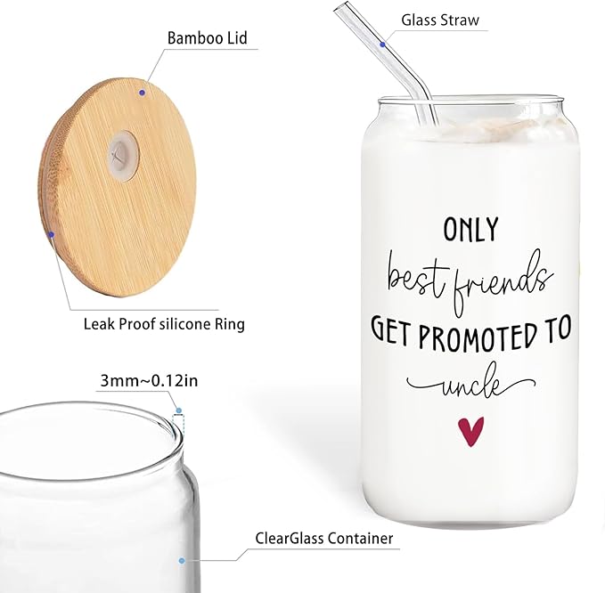 Get Promoted to Uncle Glass Cup with Lids and Straws 14oz, Pregnancy Baby Announcement for Uncle Glass Coffee Tumbler Drinking Jars with Cleaning Brush