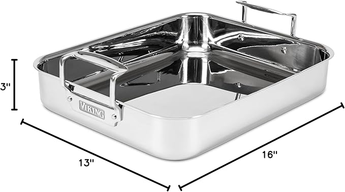 Viking 3-Ply Stainless Steel Roasting Pan with Non Stick Rack, 16 x 13 Inch Kitchen Cookware, Great for Turkey, Dishwasher and Oven Safe, Induction Ready, Silver