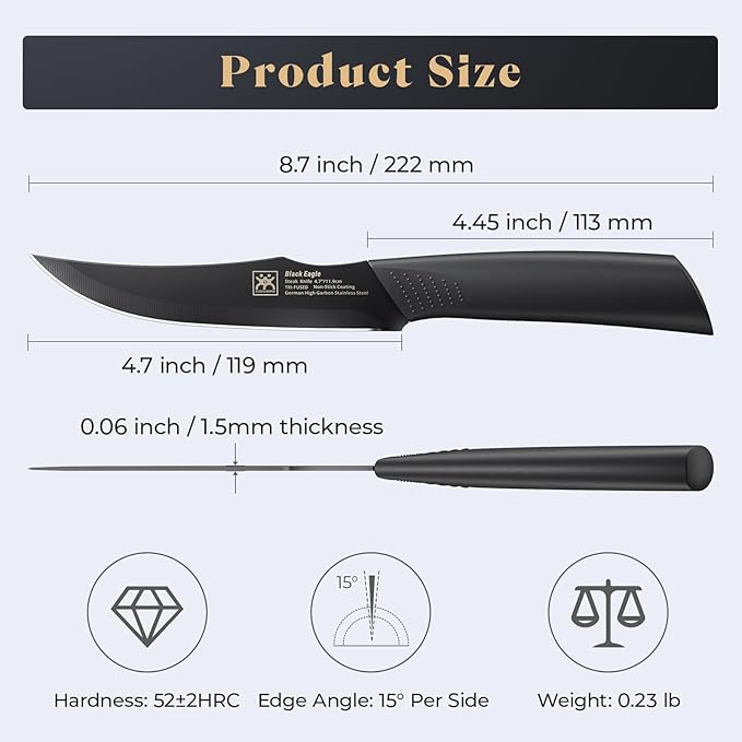 Steak Knives Set of 6, 4.7 Inch Dishwasher Safe Non-Serrated Table Knives, Ultra Sharp for Precise Cutting, Non-Stick Blade & Rust Proof, Easy to Maintain Ideal for Home Restaurant Party