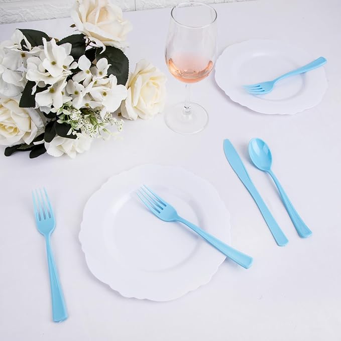 WDF 160 Piece Blue Plastic Silverware - Heavy Duty Blue Silverware Includes 80 Forks, 40 Spoons, 40 Knives, Disposable Plastic Utensils Perfect for Wedding, Graduation, Party