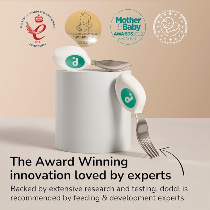 doddl Toddler Utensils, Ergonomic Fork and Spoon Set for Self Feeding, Stainless Steel Silverware for 1-3 Year Olds, BPA Free, Dishwasher Safe (Aqua (Twin Pack))