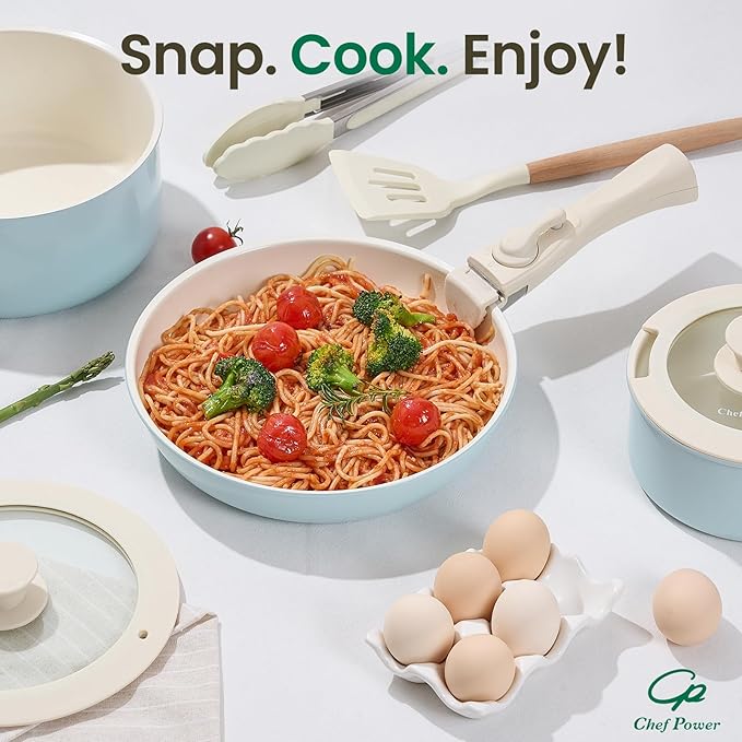 Chef Power Ceramic Nonstick Pots and Pans Set 19 Piece with Detachable Handle, Induction Dishwasher Oven Safe Cookware Set, RV Kitchen Set Removable Handle (Light Blue)