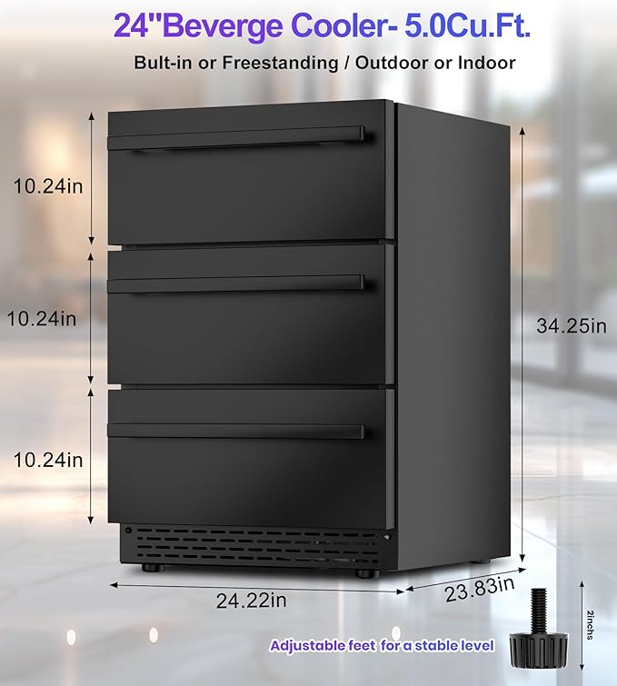 3-Tier Drawer Beverage Refrigerator, Hold 180 Cans 24 inch Undercounter & Built-in Beverage Fridge with Temperature Control, Waterproof Outdoor Freestanding Beverage Cooler for Home,Commercial Use