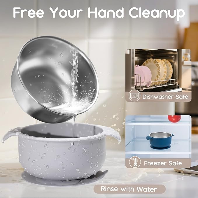 Bella's Friends Stainless Steel and Silicone Baby Bowls with Suction 3 Pack, 4.3” for Toddlers Kids Feeding, Non-Slip, Non-Toxic, Mess-Free, Dishwasher Safe, Fit High Chair Size, light pink blue gray