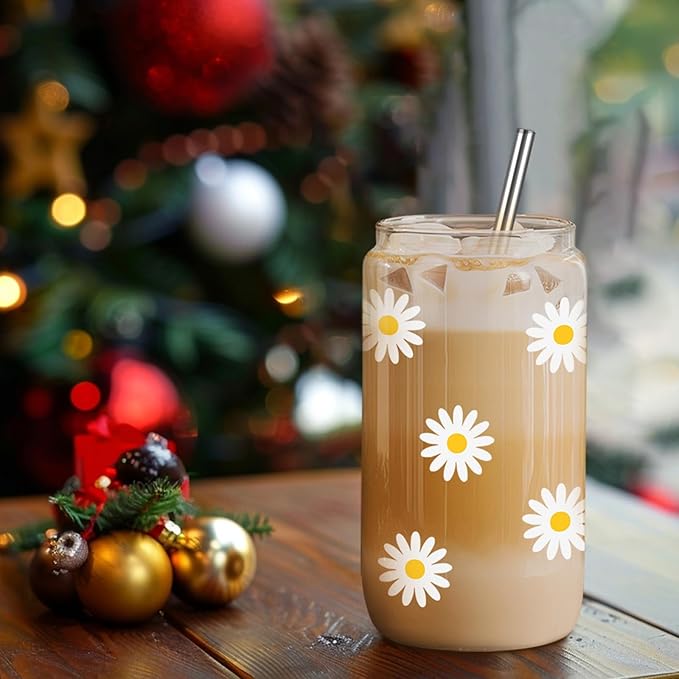 GSPY Daisy Aesthetic Gifts, Iced Coffee Cup, Cute Glass Cups with Lids and Straws - Cute Mugs, Flower Mug, Glass Tumbler - Retro, Christmas, Birthday Gifts for Women, Coffee Lovers, Friend, Girls, Mom