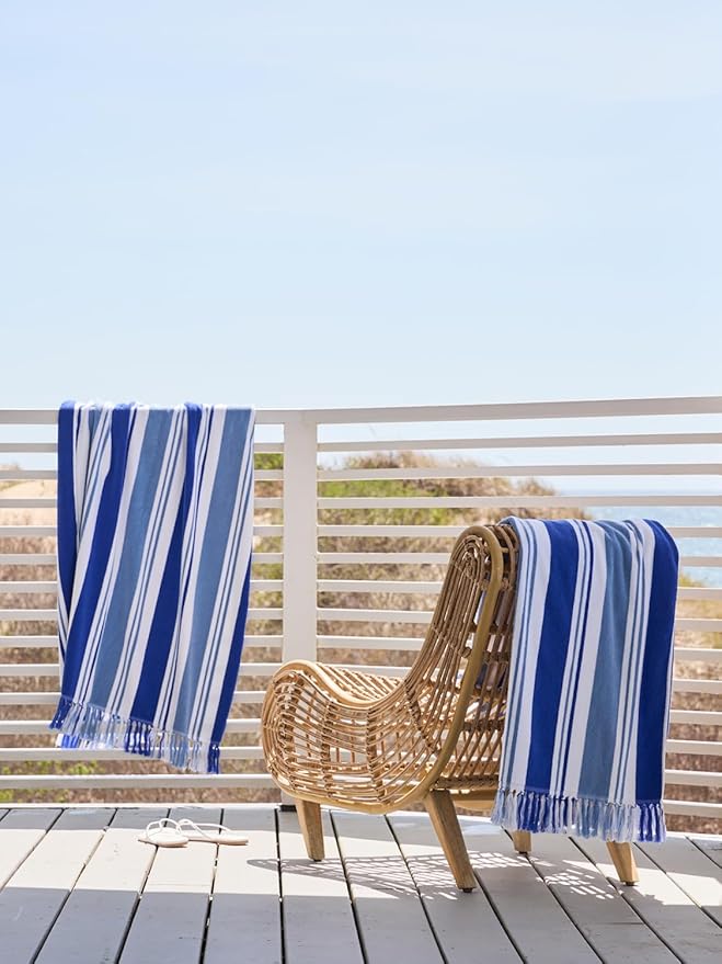 Laguna Beach Textile Co. Striped Cabana Beach Towel - Oversized, Plush 630 GSM Cotton - Bahama Blue