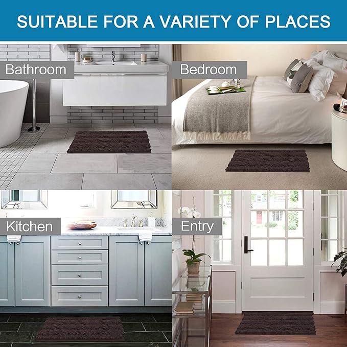 H.VERSAILTEX Bathroom Rugs Bath Rugs for Bathroom Non Slip Bath Mats Extra Thick Chenille Striped Rug 17" x 24" Absorbent Soft Shaggy Washable Dry Fast Bath Mats for Bath Room Floor - Chocolate