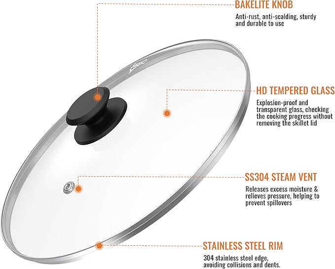 12 Inch Pan Lid For Pots Pans and Skillets, Cast Iron Skillet Lid, Large Tempered Glass Pan Lids, Replacement Pan Cover for Frying, Crock Pot Lid with Stainless Steel Rim, Cookware Pot Covers