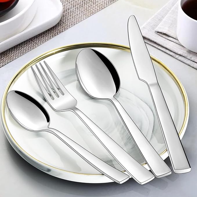 Wildone 40-Piece Silverware Set, Stainless Steel Flatware Square Cutlery Set Service for 8, Eating Utensils Include Knife Fork Spoon, Mirror Polished & Dishwasher Safe