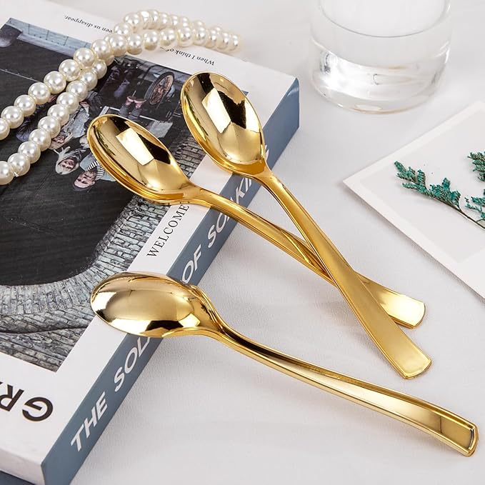Liacere 360Pcs Plastic Spoons - 6.7 inch Heavy Duty Plastic Spoons-Heavyweight Gold Disposable Spoons-Gold Silverware for Halloween &Chrismas And Daily Using & New Year