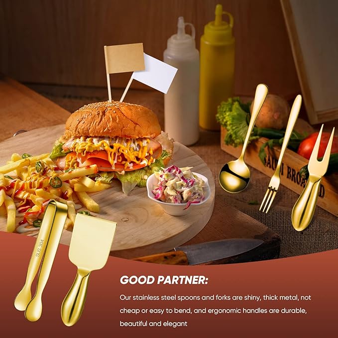 Patelai Charcuterie Board Accessories Cheese Spreader Knife Set Charcuterie Utensils Butter Knife Stainless Steel Mini Serving Tongs Spoons Appetizer Forks for Pastry Christmas(Golden,18 Pieces)