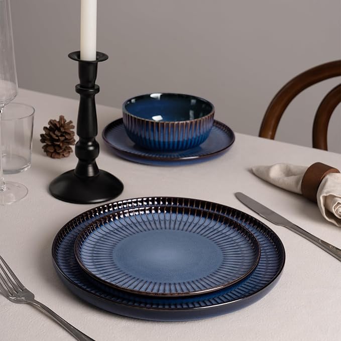 Famiware Starlight Plates and Bowls Dishes Set of 6 (18 Pieces), Ribbed Textured Stoneware Dinnerware Sets- Dishwasher & Microwave Safe, Chip & Scratch Resistant, Starry Blue