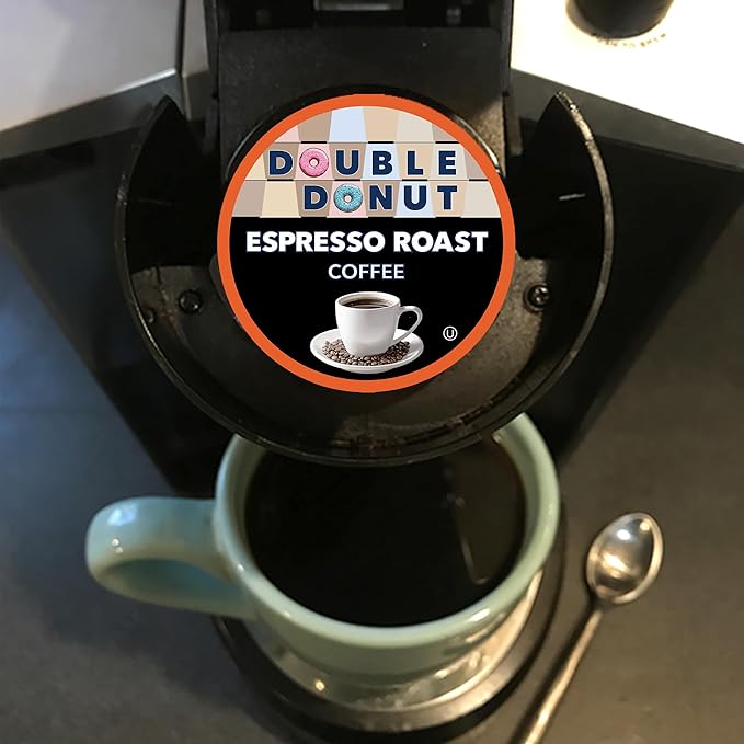 Double Donut Coffee Espresso Roast Coffee Pods, Strong Dark Roast Coffee, Compatible with Keurig K Cups Brewers, 72 Count