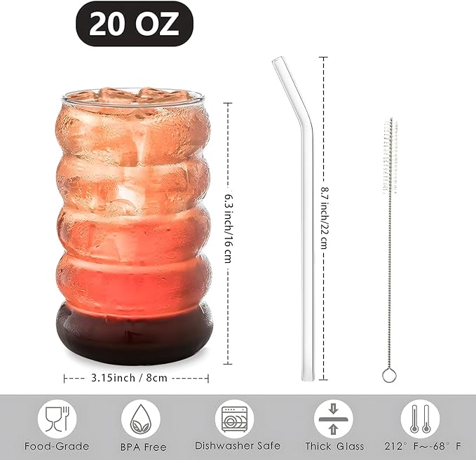 4 Pcs 20oz Drinking Glasses Set with Straws, Cute Iced Coffee Glass Cups, Iced Coffee Tumblers, Thick Drinking Jars for Smoothie, Boba Milk Tea, Ideal for Gift, with Straw Brush