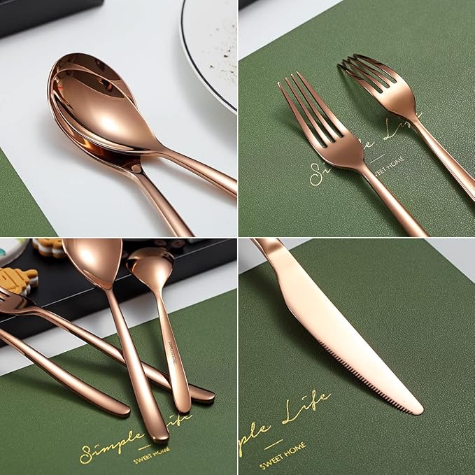 HOMQUEN 40-Piece Copper Silverware Set, Rose Gold Flatware Set for 8, Stainless Steel Tableware Cutlery Set, Utensil Sets for Kitchen, Forks and Spoons Silverware (Shiny Rose Gold)