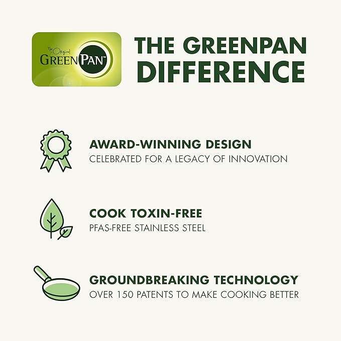 GreenPan Stainless Steel Cookware Set, 11 Piece, Induction Cookware, Dishwasher Safe, Oven Safe to 600F, Large 8QT Stock Pot, Sauce, Saute, Frying Pans, Pots & Pans Kitchen Essentials, Gold