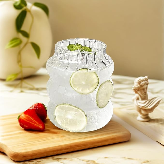 Ribbed Glass Cup 22 Oz Vintage Drinking Glassware Creative Ripple Glasses for Iced Coffee Juice Beverage Milk Cocktail Cute Wavy Glass Cups