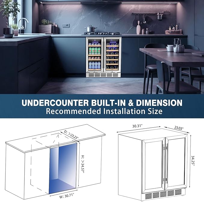 30 Inch Wine and Beverage Refrigerator, Dual Zone Wine Fridge with Quiet & Upgraded Cooling System, Large Capacity Beverage Cooler, Built-In or Freestanding, Holds 30 Bottles and 110 Cans