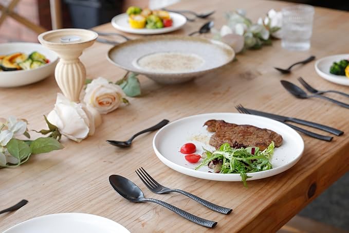 Silverware Set Flatware Set Matte Black Stainless Steel Forged Hammered Cutlery Set Heavy 60 Pieces Service for 12