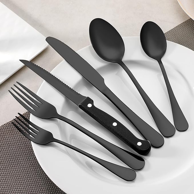 24 Pcs Black Forks and Spoons Silverware Set, Food Grade Stainless Steel Flatware Cutlery Set for Kitchen and Restaurant, 12 Dinner Fork(8") and 12 Teaspoon(6.7"), Mirror Polished, Dishwasher Safe