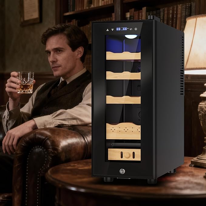 Electric Humidor-35L Cooling & Heating Humidor Smart Touch Control Humidity & Temp Humidors wtih Spanish Cedar Wood Tray, Digital Display, Safety Lock, Desktop Gift for Men