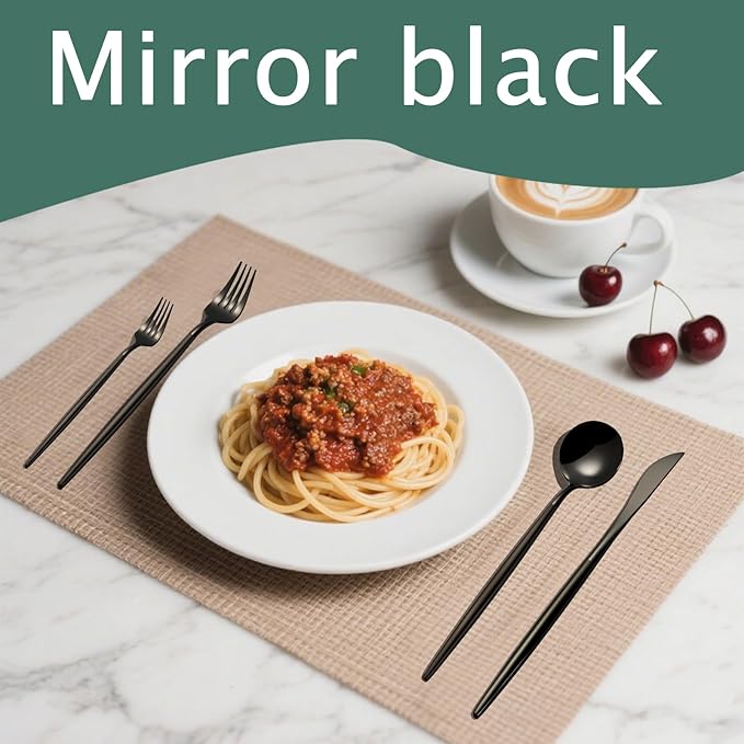 Modern Black silverware Set,Premium 18/10 Stainless Steel,Heavy duty,Sturdy,Sharp Practical steak knives,Matte Black Handle,Mirror Polished Finish,Kitchen Essential, (black)