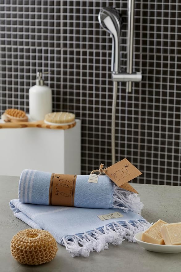 Hand Towels - Set of 2, 18" x 30" inches, Cotton, Decorative Peshtemal Cotton Hand Towels for Kitchen, Bath, Guest, Face, Hair, Gym, Yoga, Dishcloth, Travel (Baby Blue)