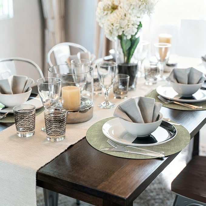 Maxpearl Round Placemats Set of 6, 13.8 inch Faux Leather Heat Resistant Table Mats, Non Slip Waterproof Wipeable Place Mats for Kitchen Dining Holiday Party Table Settings, Sage Green