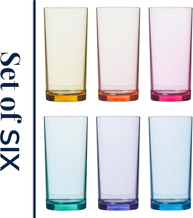 US Acrylic Classic Plastic Reusable Drinking Glasses (Set of 6) 16oz Water Cups Assorted Colors | BPA-Free Tumblers, Made in USA | Top-Rack Dishwasher Safe