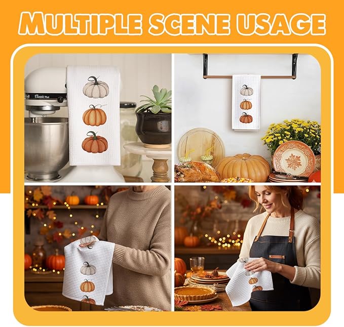 Pumpkin Fall Kitchen Towels, Farmhouse Autumn Dish Hand Towels Microfiber Waffle Weave 16x23.5 Inch, Rustic Thanksgiving Halloween Fall Decor for Kitchen Bathroom-C01