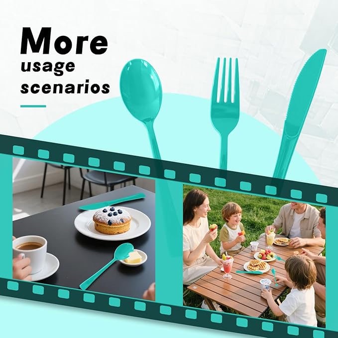 150 Pack Disposable Plastic Silverware, Heavy Duty Light Green Plastic Cutlery Set Includes 50 Forks 50 Knives 50 Spoons for Birthday Wedding Party Picnics (150, Light Green)