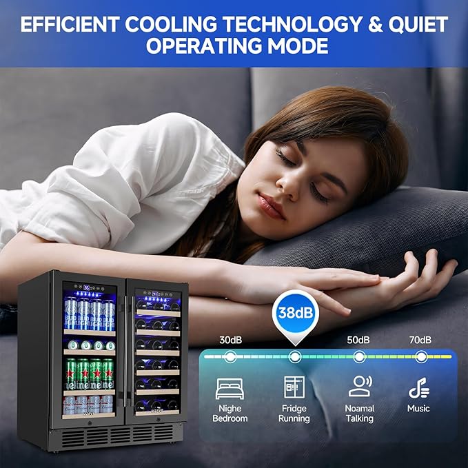 30 Inch Wine and Beverage Refrigerator, Dual Zone Wine Fridge 30", Beverage Cooler Under Counter or Freestanding 30" Wine Beer Fridge with Upgraded Cooling, Holds 30 Bottles and 110 Cans, Black