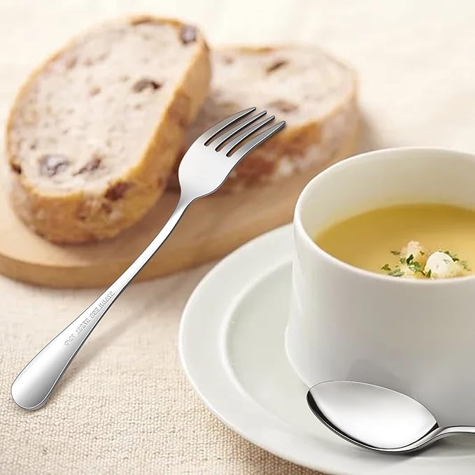 E-far 24-Piece Dinner Forks and Spoons, Stainless Steel Silverware Flatware Eating Utensils Set for Home Kitchen Restaurant, Food Grade Metal & Simple Design, Mirror Finish & Dishwasher Safe, 8 Inch