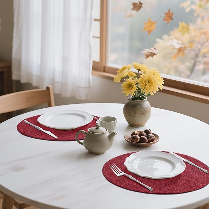 homing 15 Inch Round Cloth Placemats Set of 6, Cotton Linen Blend Washable Table Mats, Farmhouse Dining Place Mats for Indoors & Outdoors, Easy to Clean, Red