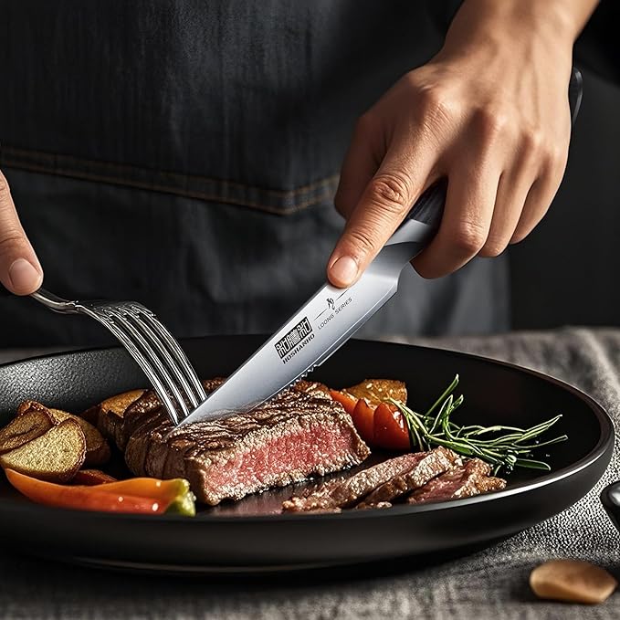 HOSHANHO Steak Knives Set of 7, 4.5 Inch Serrated Steak Knife Set with Block, Japanese High Carbon Steel Kitchen Steak Knives with Ergonomic Handle