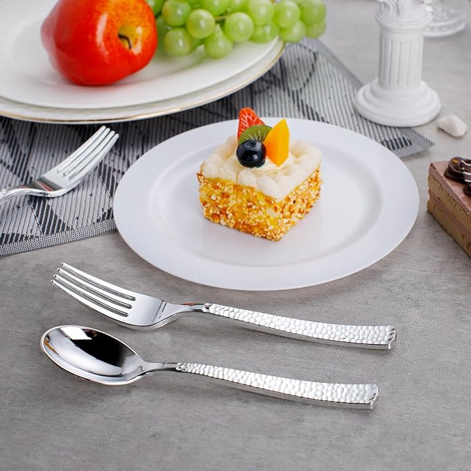 KIRE 400PCS Silver Plastic Forks and Spoons Disposable-Heavy Duty Plastic Silverware Set Silver Spoons and Forks-200 Forks and Spoon for Parties/Birthday/Wedding for Christmas