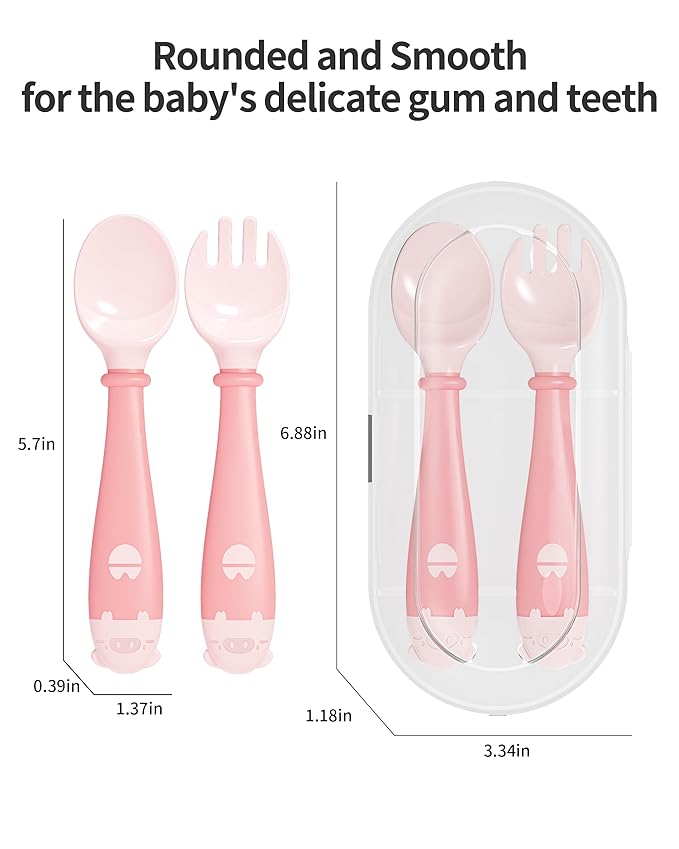 Deejoy Toddler Utensils with Travel Case, Baby Spoons and Forks Set for Self Feeding, Silicone Bendable Handle, Easy Grip Heat-Resistant, Self-feeding Flatware Sets for Kids (Stage 2) Pink